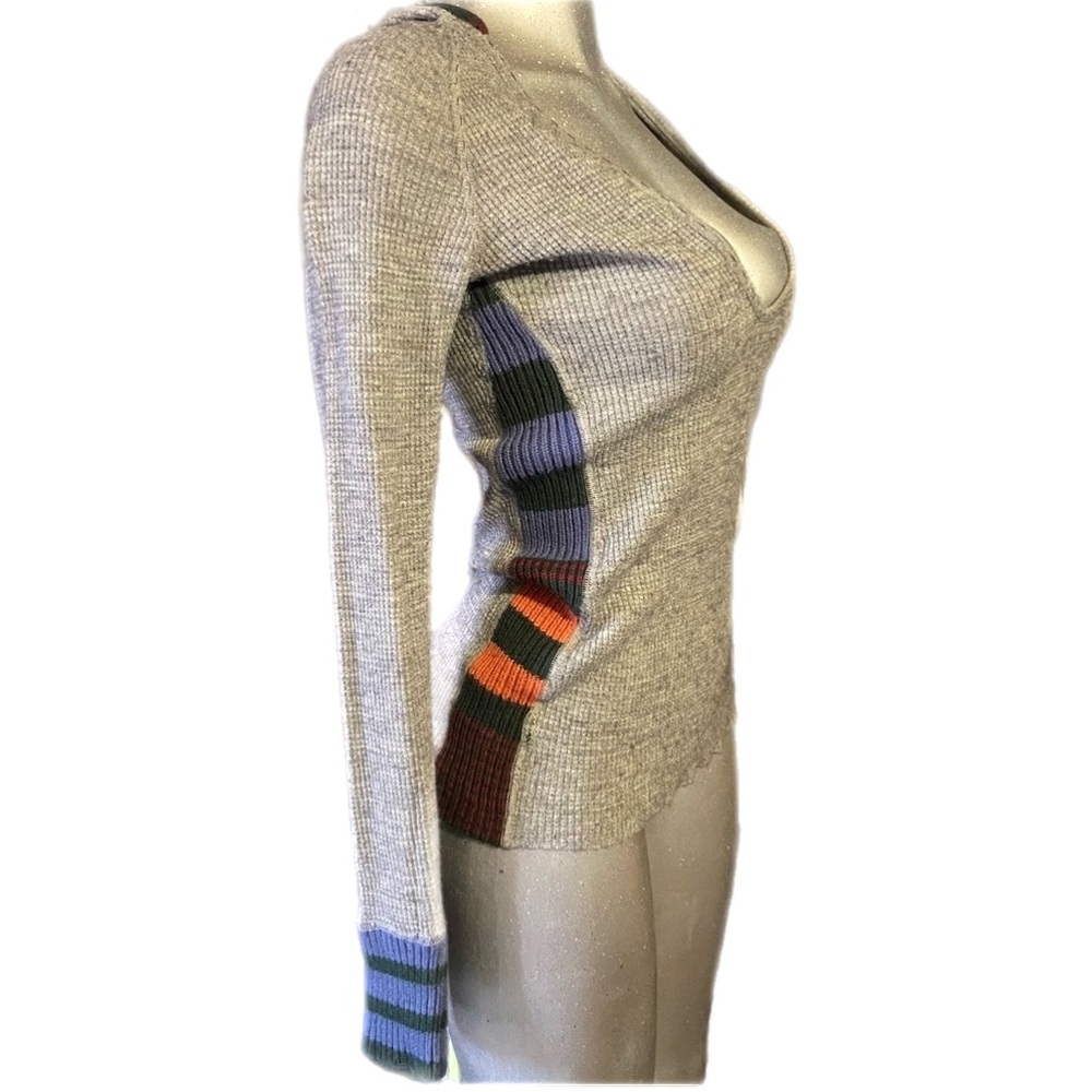 Free People Beige Knit Sweater with Multicolor Stripe Accents